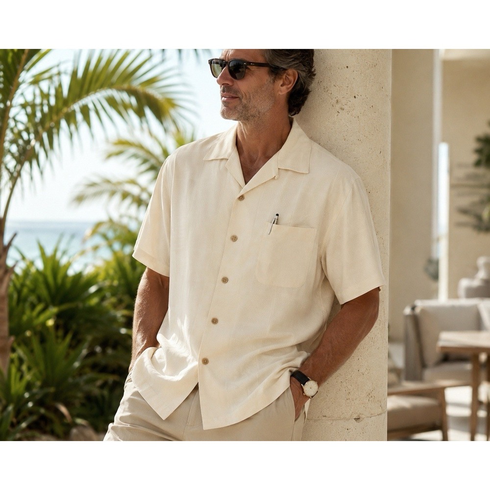 Tommy Bahama Mens Shirt L Camp Silk Hawaiian Cream Jacquard Textured Resort